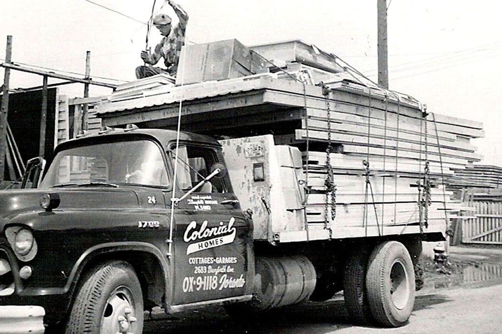 A home materials truck delivery by Colonial Homes in 1953.