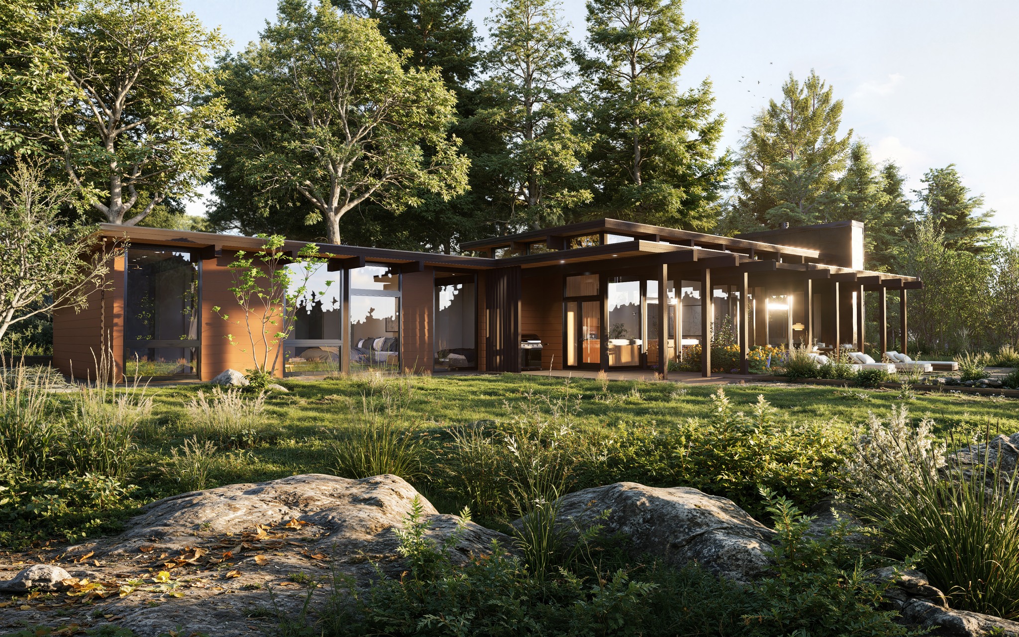 Photo of home surrounded by nature in the sunlight